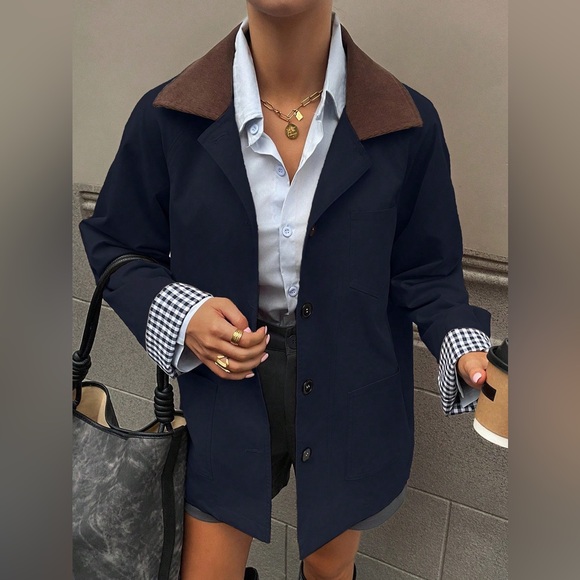 Jackets & Blazers - Oversized button up jacket contrast corduroy collar plaid cuffs navy blue
